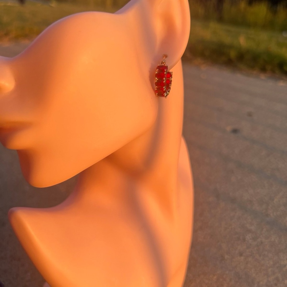 925/18K gold plated ruby oval cut inside out hoop earrings with swarovski #123 - Picture 5 of 13